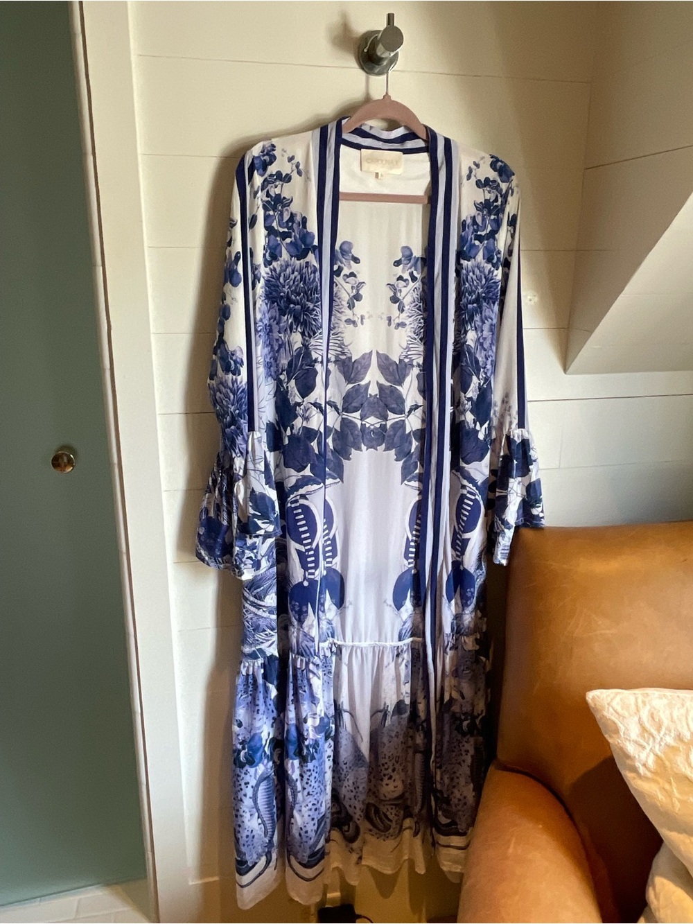 Blue & White Floral Long Robe Kimono by - Picture 1 of 7